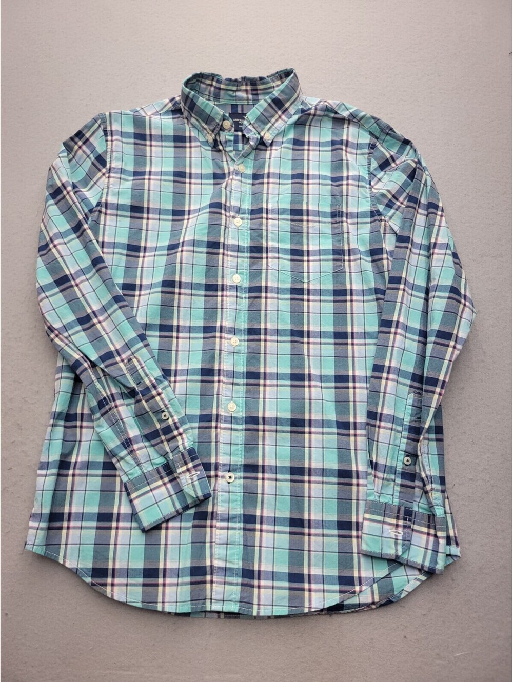American Eagle Men's Button-Up Medium Teal Blue Plaid 100% Cotton Work
